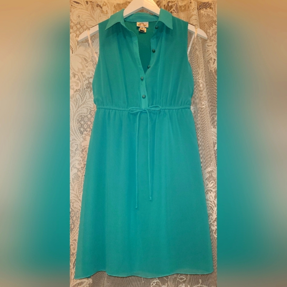Sweet Storm Womens Sz S Teal Collared Button-Up Chiffon Baby Doll Blouse